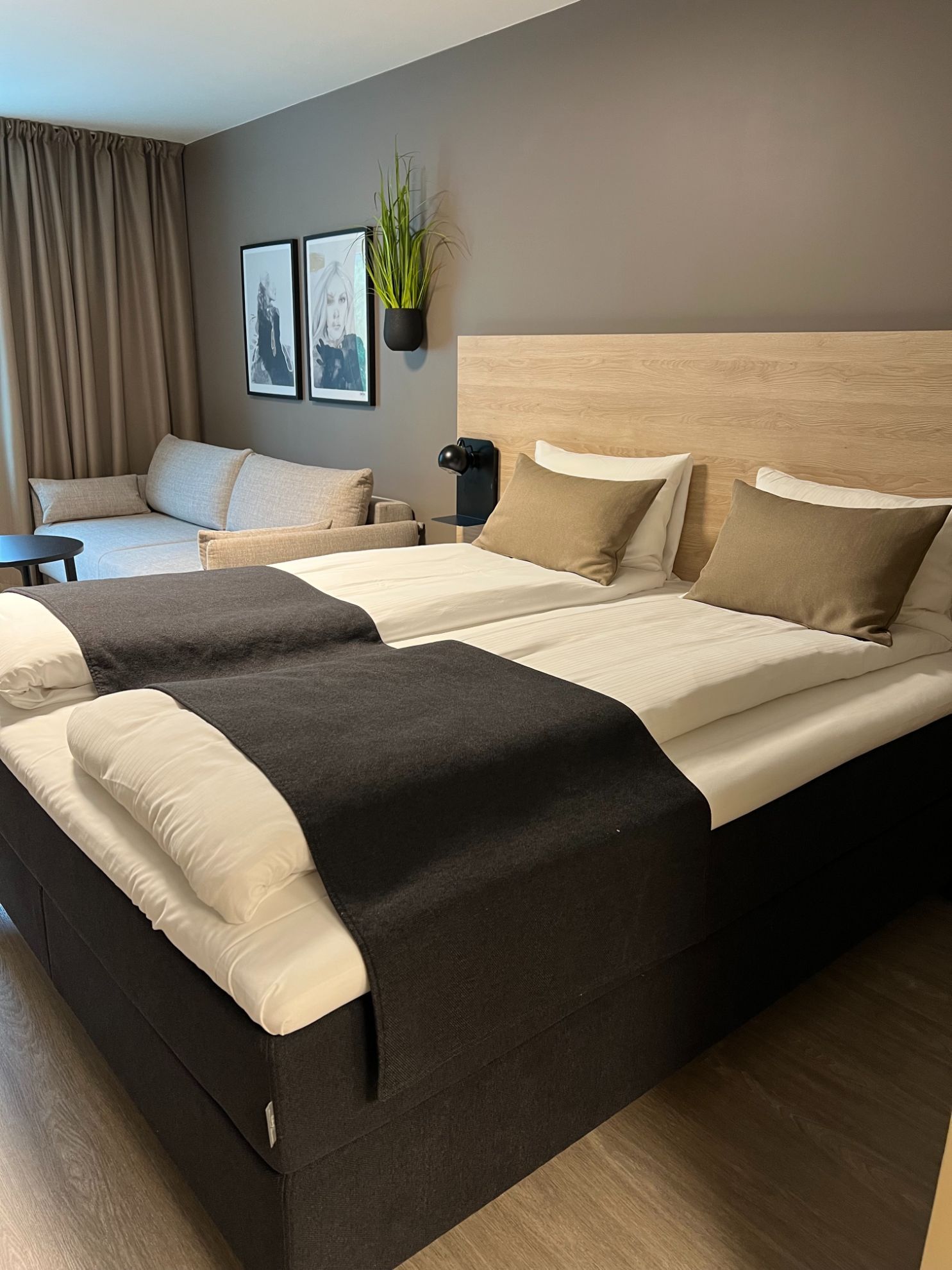 Stort hotellrom med dobbeltseng og sofa